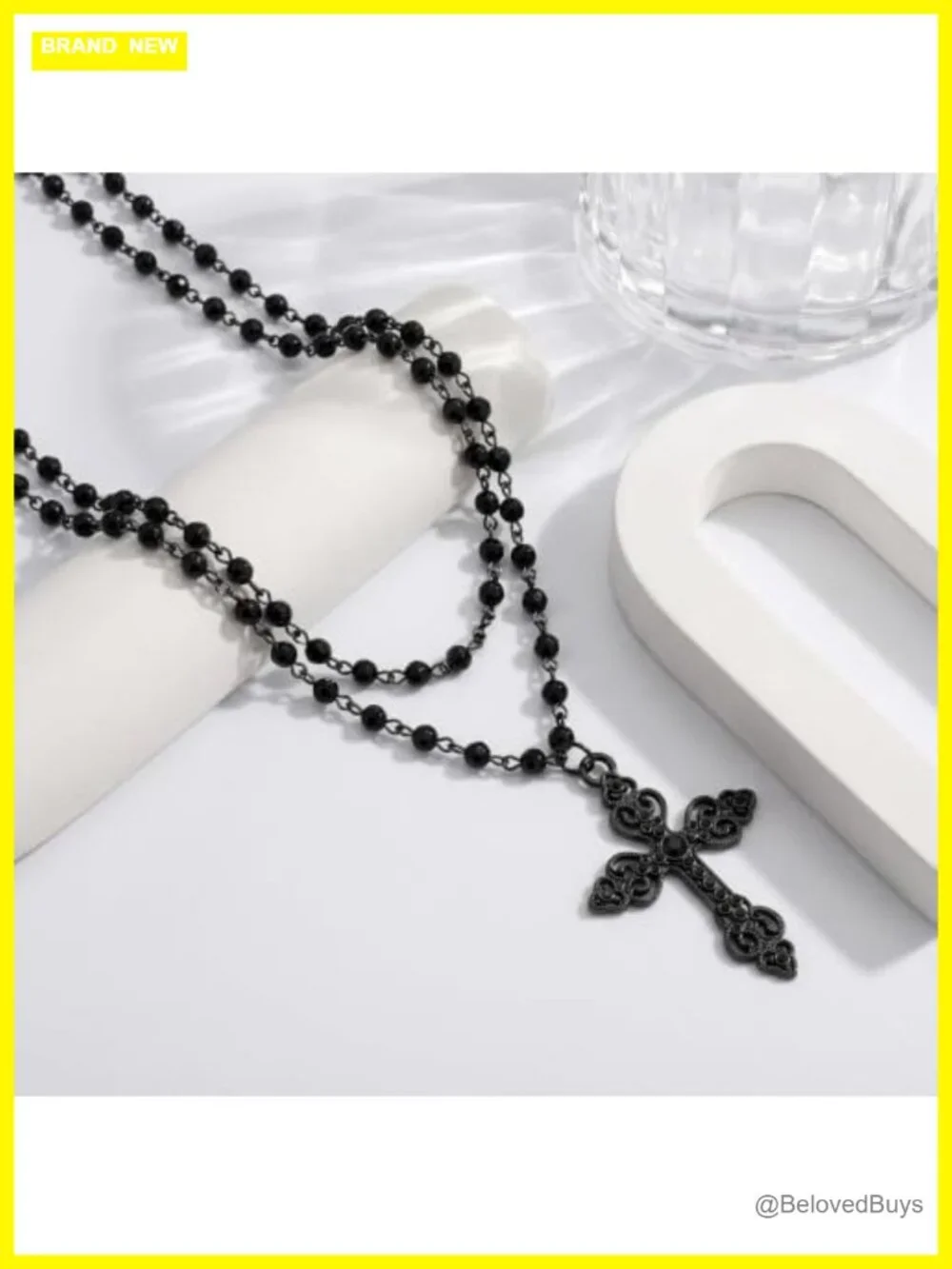 Layered Cross Pendant Necklace Rosary Beaded Chain Gothic Statement